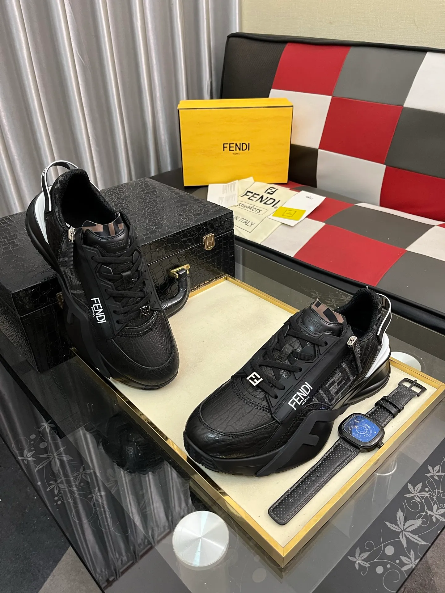 Men's shoes 💰620⌚️⌚️ FEND* — Fendi Flow men's casual sneakers, with elastic straps, side zippers, and corrugated soles engraved with F. Embossed Fendi Flow lettering on the heel. Made of technical fabric and a mix of blue and genuine leather. Decorated with Lycra® details. FF graphic tongue. Ultra-light and wear-resistant EVA sole. Code number: 38-44